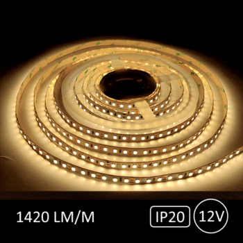 5 meter kraftigt 12V LED bånd med en lysstyrke på 1500 lumens per løbende meter, 3000K Varm Hvid lysfarve
