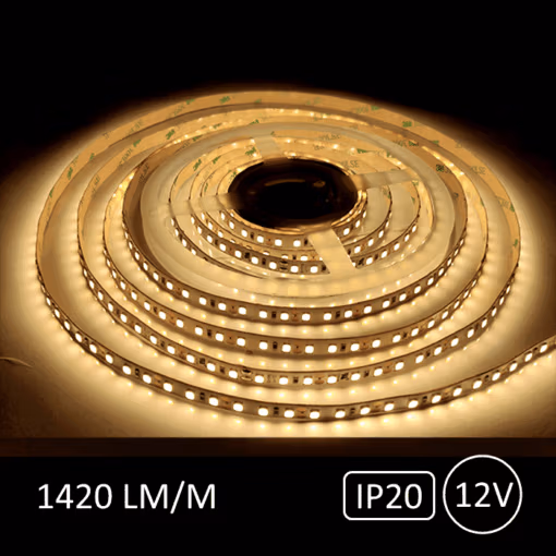 5 meter kraftigt 12V LED strip med en lysstyrke på 1500 lumens per løbende meter, 3000K Varm Hvid lysfarve