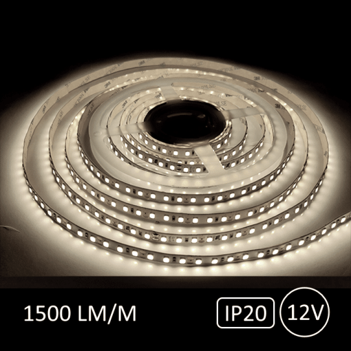 5 meter kraftigt 12V LED bånd med en lysstyrke på 1500 lumens per løbende meter, 4000K Neutral Hvid lysfarve