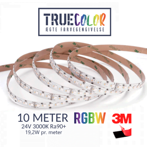 10 meter TrueColor RGBW LED Bånd, 24V, 19,2W/m,, 3000K, Ra90+, IP20