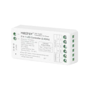 2 i 1 Controller fra Miboxer, som både kan indstilles til SIngle Color og Dual Color (CCT) controller. Den kan styres med en, eller flere af Miboxers mange fysiske betjeningsmuligheder, eller styrews