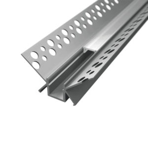 Komplet indmuringsprofil til indvendigt hjørne til LED strip. Anodiseret og kan monteres både ude og inde. 1 meter og komplet med endestykker og diffuser.