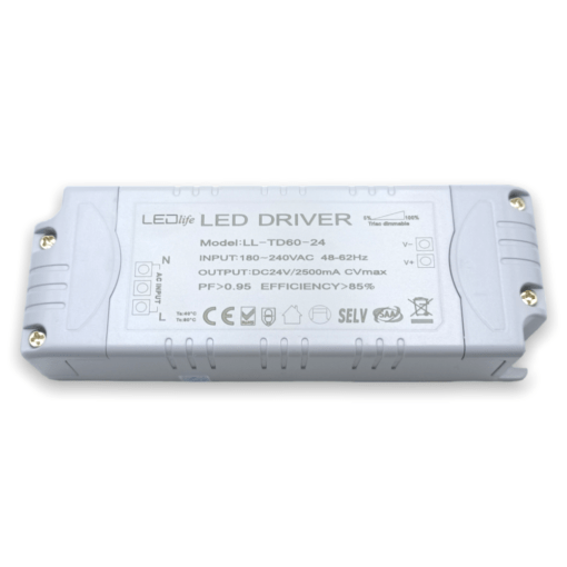 24V 60W Dæmpbar LED driver til LED bånd og lavvoltspot,og Troldtektskinner. Minimum 5W og maksimum 60W