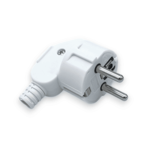 230V Vinklet schuko stikprop - Hvid md jord. Maks. 2,5mm2 og 16A.