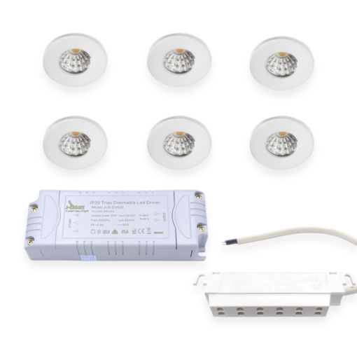 6 x IBIS Mini COB LED Spot sæt med dæmpbar driver, Hvid, 3000K, Ra95