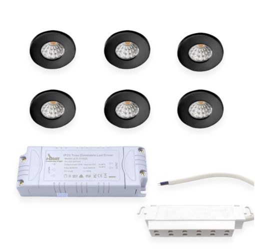 6 x IBIS 12V Mini COB LED Spot sæt med dæmpbar driver, Sort, 3000K, Ra95