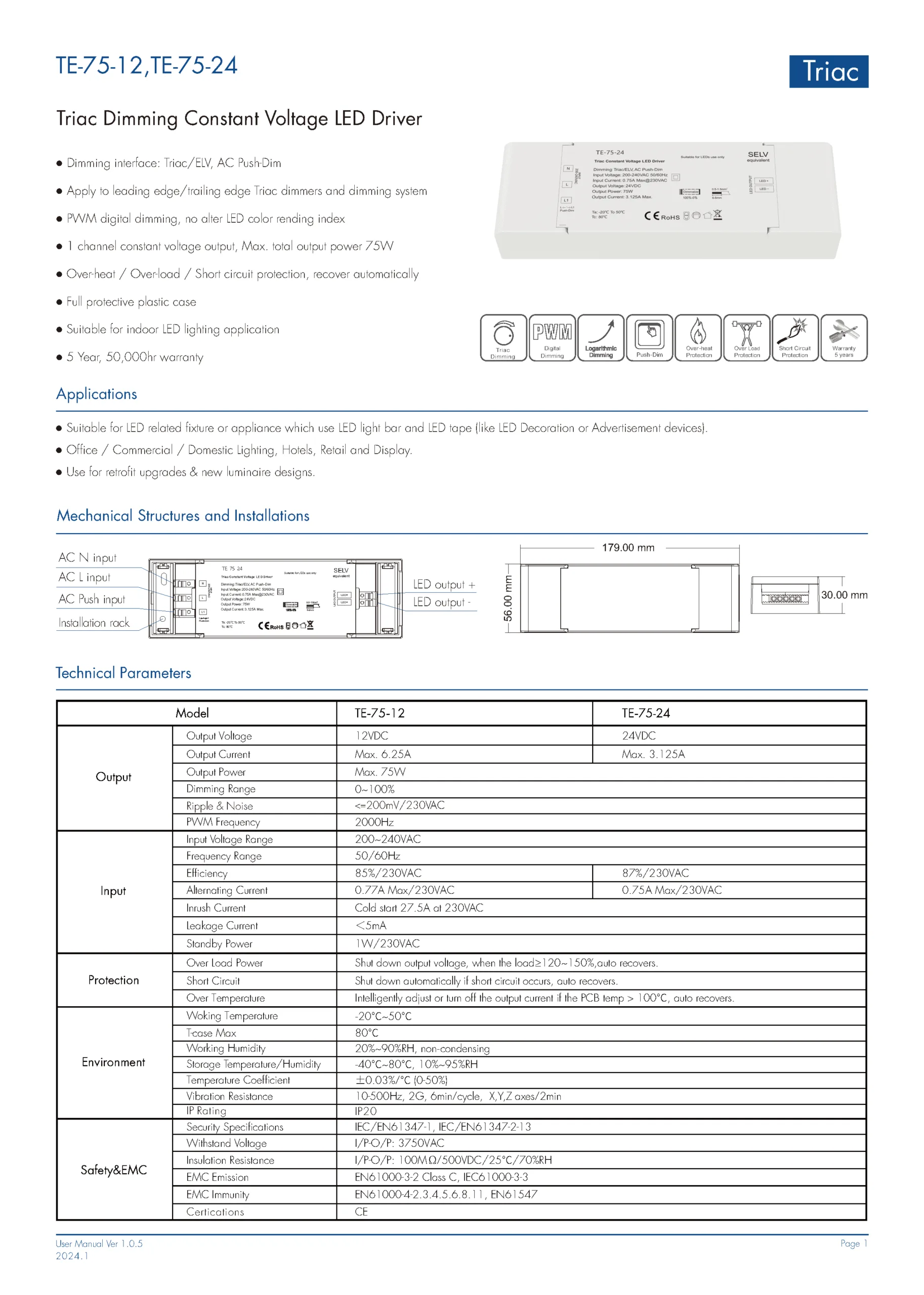 Dæmpbar LED Driver Triac/Fase & Push 75W 12V - Billede 3