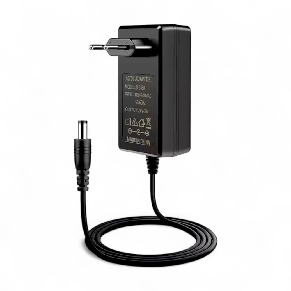 Sort 24V strømforsyning, 3A, 72W, DC-stik 5,5 mm, 90 cm ledning, 230V, IP20